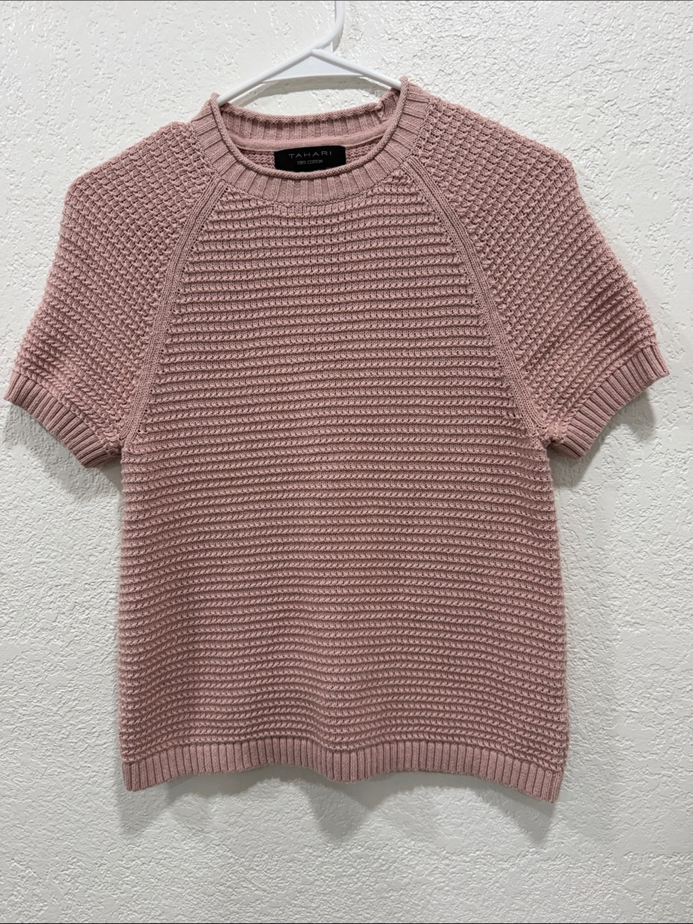 NWOT Tahari Pink Textured Short Sleeve Waffle Knit Top 100% Cotton XS